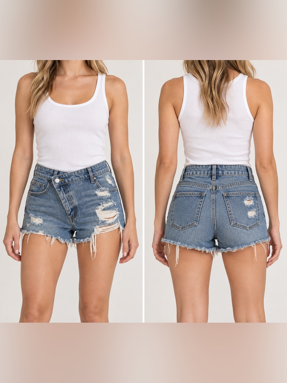 High-Rise Distressed Denim Shorts - Light Blue